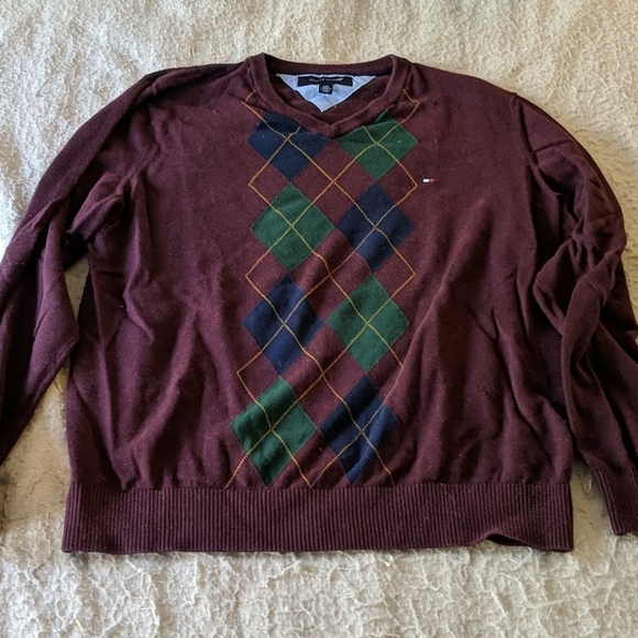 Tommy Hilfiger Sweater Argyle Maroon L - Picture 1 of 7